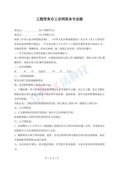 工程劳务分工合同范本专业版