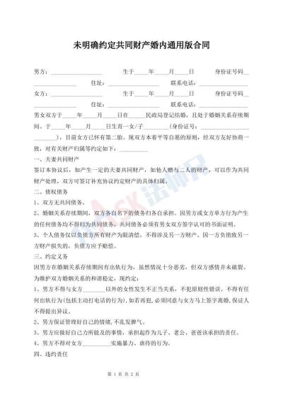未明确约定共同财产婚内通用版合同