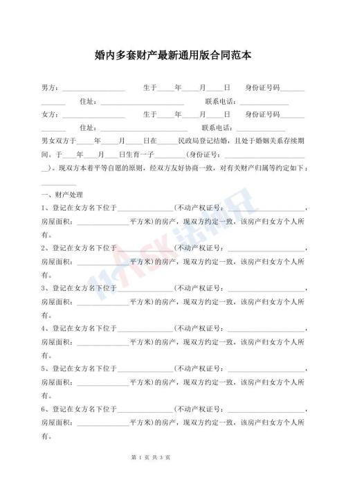 婚内多套财产最新通用版合同范本