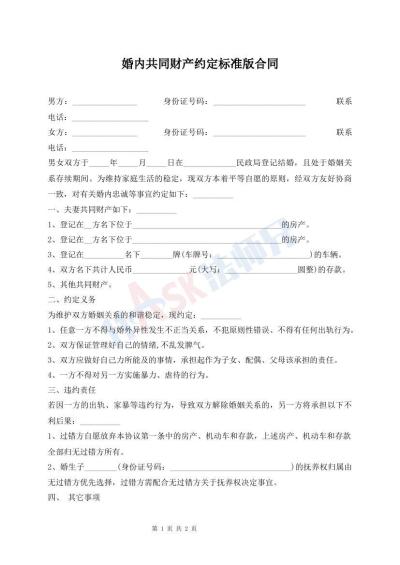 婚内共同财产约定标准版合同