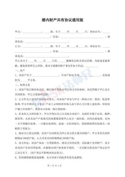 婚内财产共有协议通用版