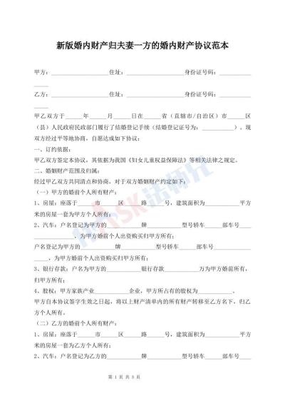 新版婚内财产归夫妻一方的婚内财产协议范本
