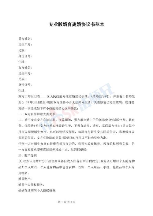 专业版婚育离婚协议书范本