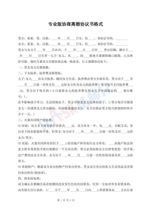 专业版协商离婚协议书格式