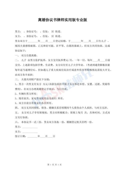 离婚协议书律师实用版专业版