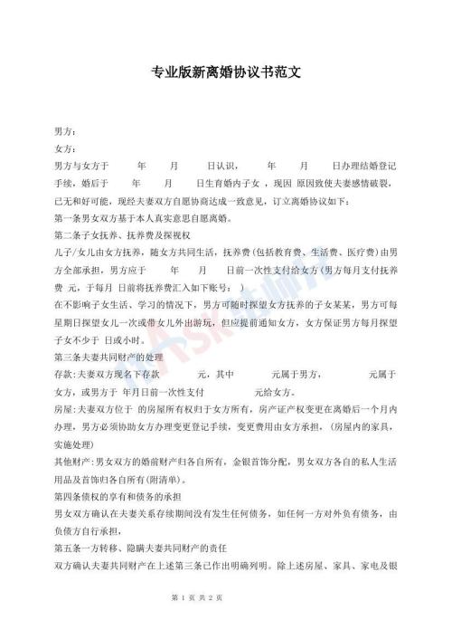 专业版新离婚协议书范文