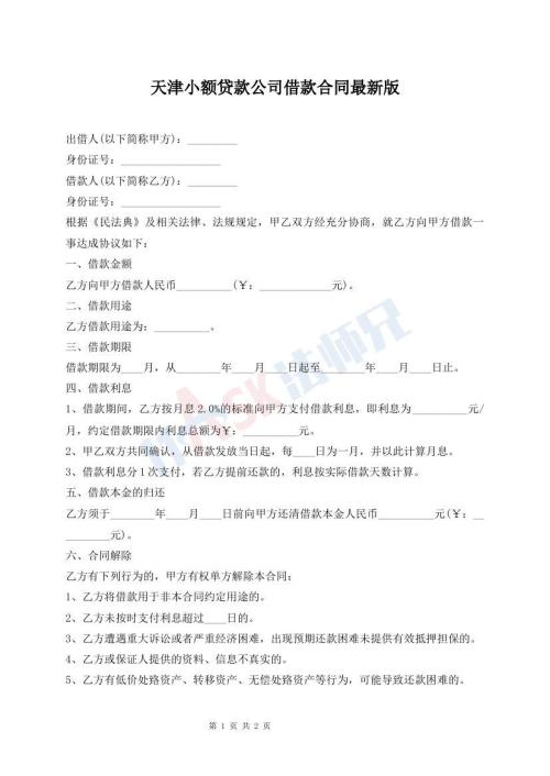 天津小额贷款公司借款合同最新版
