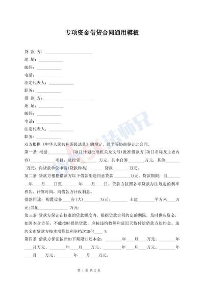 专项资金借贷合同通用模板