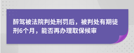 醉驾被法院判处刑罚后，被判处有期徒刑6个月，能否再办理取保候审