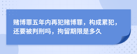 赌博罪五年内再犯赌博罪，构成累犯，还要被判刑吗，拘留期限是多久