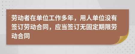 劳动者在单位工作多年，用人单位没有签订劳动合同，应当签订无固定期限劳动合同