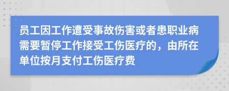 员工因工作遭受事故伤害或者患职业病需要暂停工作接受工伤医疗的，由所在单位按月支付工伤医疗费