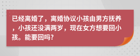 已经离婚了，离婚协议小孩由男方抚养，小孩还没满两岁，现在女方想要回小孩。能要回吗?