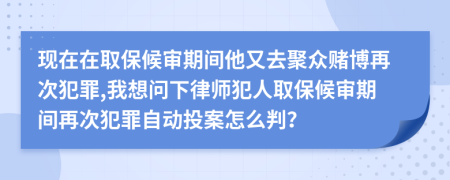 现在在取保候审期间他又去聚众赌博再次犯罪,我想问下律师犯人取保候审期间再次犯罪自动投案怎么判？