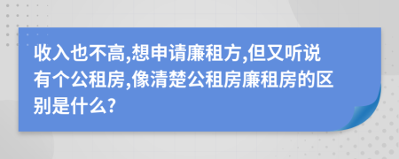 收入也不高,想申请廉租方,但又听说有个公租房,像清楚公租房廉租房的区别是什么?