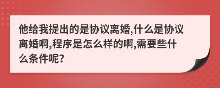 他给我提出的是协议离婚,什么是协议离婚啊,程序是怎么样的啊,需要些什么条件呢？