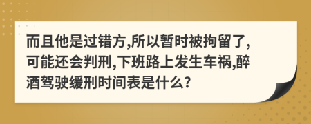 而且他是过错方,所以暂时被拘留了,可能还会判刑,下班路上发生车祸,醉酒驾驶缓刑时间表是什么?