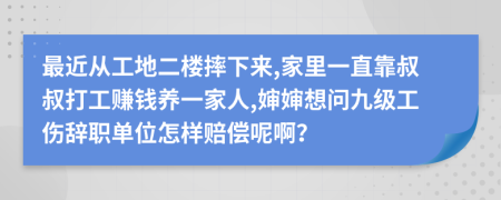 最近从工地二楼摔下来,家里一直靠叔叔打工赚钱养一家人,婶婶想问九级工伤辞职单位怎样赔偿呢啊？