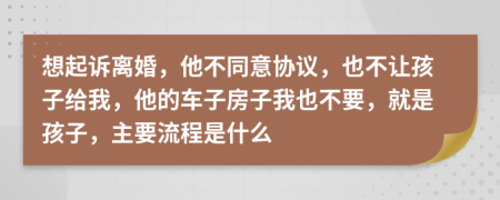 想起诉离婚，他不同意协议，也不让孩子给我，他的车子房子我也不要，就是孩子，主要流程是什么