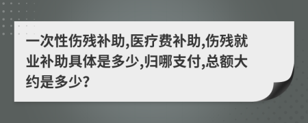 一次性伤残补助,医疗费补助,伤残就业补助具体是多少,归哪支付,总额大约是多少？