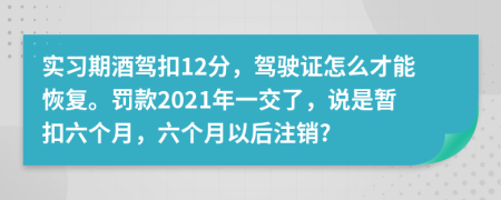 实习期酒驾扣12分，驾驶证怎么才能恢复。罚款2021年一交了，说是暂扣六个月，六个月以后注销?