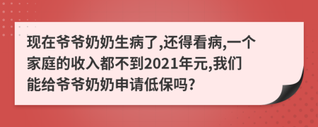 现在爷爷奶奶生病了,还得看病,一个家庭的收入都不到2021年元,我们能给爷爷奶奶申请低保吗?