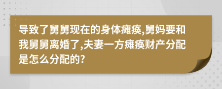 导致了舅舅现在的身体瘫痪,舅妈要和我舅舅离婚了,夫妻一方瘫痪财产分配是怎么分配的?