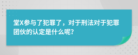 堂X参与了犯罪了，对于刑法对于犯罪团伙的认定是什么呢？