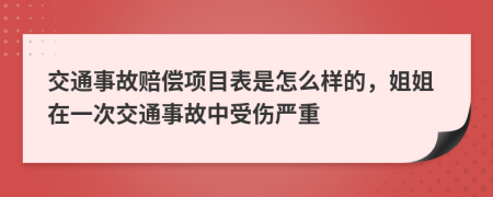 交通事故赔偿项目表是怎么样的，姐姐在一次交通事故中受伤严重