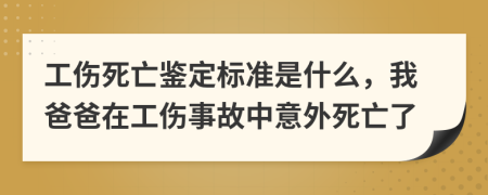 工伤死亡鉴定标准是什么，我爸爸在工伤事故中意外死亡了