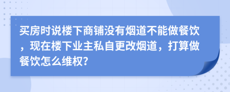 买房时说楼下商铺没有烟道不能做餐饮，现在楼下业主私自更改烟道，打算做餐饮怎么维权？