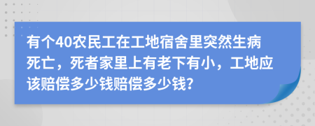 有个40农民工在工地宿舍里突然生病死亡，死者家里上有老下有小，工地应该赔偿多少钱赔偿多少钱？