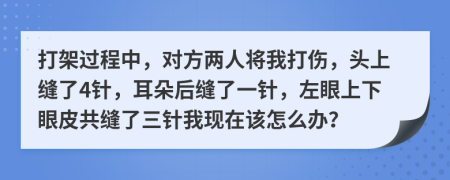 打架过程中，对方两人将我打伤，头上缝了4针，耳朵后缝了一针，左眼上下眼皮共缝了三针我现在该怎么办？
