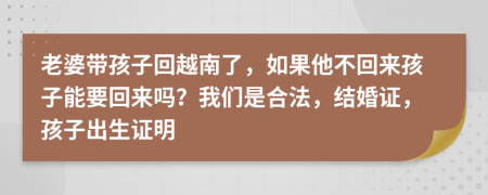 老婆带孩子回越南了，如果他不回来孩子能要回来吗？我们是合法，结婚证，孩子出生证明