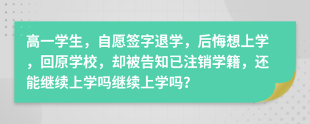 高一学生，自愿签字退学，后悔想上学，回原学校，却被告知已注销学籍，还能继续上学吗继续上学吗？