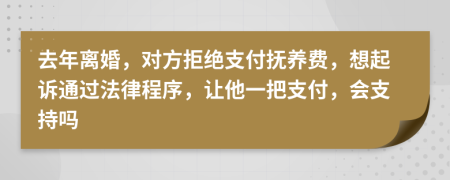 去年离婚，对方拒绝支付抚养费，想起诉通过法律程序，让他一把支付，会支持吗