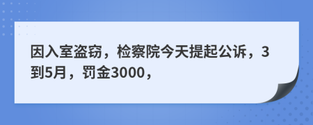 因入室盗窃，检察院今天提起公诉，3到5月，罚金3000，