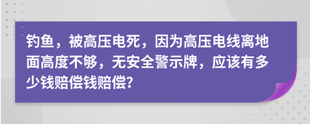 钓鱼，被高压电死，因为高压电线离地面高度不够，无安全警示牌，应该有多少钱赔偿钱赔偿？