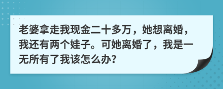 老婆拿走我现金二十多万，她想离婚，我还有两个娃子。可她离婚了，我是一无所有了我该怎么办？