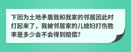 下因为土地矛盾我和我家的邻居因此时打起来了，我被邻居家的儿媳妇打伤胜率是多少会不会得到赔偿？