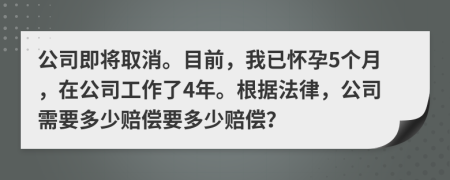 公司即将取消。目前，我已怀孕5个月，在公司工作了4年。根据法律，公司需要多少赔偿要多少赔偿？