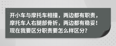 开小车与摩托车相撞，两边都有职责，摩托车人右腿部骨折，两边都有稳妥！现在我要区分职责要怎么样区分？