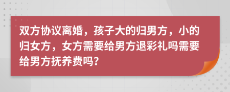 双方协议离婚，孩子大的归男方，小的归女方，女方需要给男方退彩礼吗需要给男方抚养费吗？