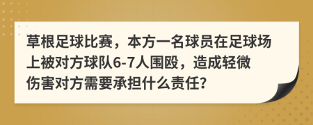 草根足球比赛，本方一名球员在足球场上被对方球队6-7人围殴，造成轻微伤害对方需要承担什么责任？