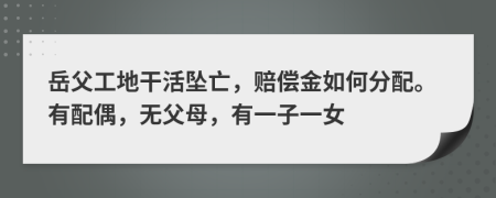 岳父工地干活坠亡，赔偿金如何分配。有配偶，无父母，有一子一女