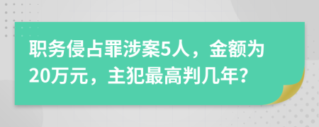 职务侵占罪涉案5人，金额为20万元，主犯最高判几年？