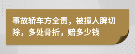 事故轿车方全责，被撞人脾切除，多处骨折，赔多少钱