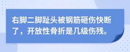 右脚二脚趾头被钢筋砸伤快断了，开放性骨折是几级伤残。