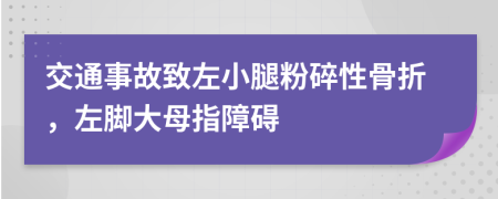 交通事故致左小腿粉碎性骨折，左脚大母指障碍