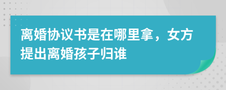 离婚协议书是在哪里拿，女方提出离婚孩子归谁